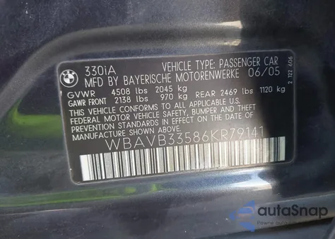 2006 BMW 330I из США, поврежденный, VIN WBAVB33586KR79141